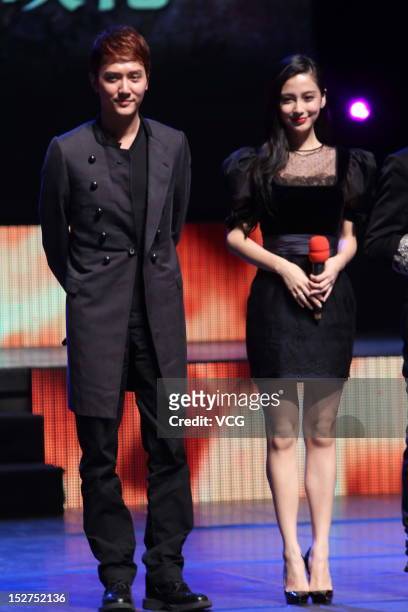 Actress Angelababy and actor Feng Shaofeng attend "Taichi 0" press conference at Shimao Cinema on September 25, 2012 in Shaoxing Xian, China.
