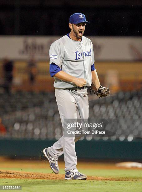 Josh Zeid of Team Israel reacts after striking out Jesus Golindano of Team Spain during game 6 of the Qualifying Round of the World Baseball Classic...