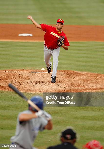 Eric Gonzalez of Team Spain pitches against Team Israel during game 6 of the Qualifying Round of the World Baseball Classic at Roger Dean Stadium on...