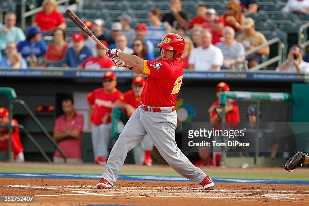 Rafael Alvarez of Team Spain bats against Team Israel during game 6 of the Qualifying Round of the World Baseball Classic at Roger Dean Stadium on...