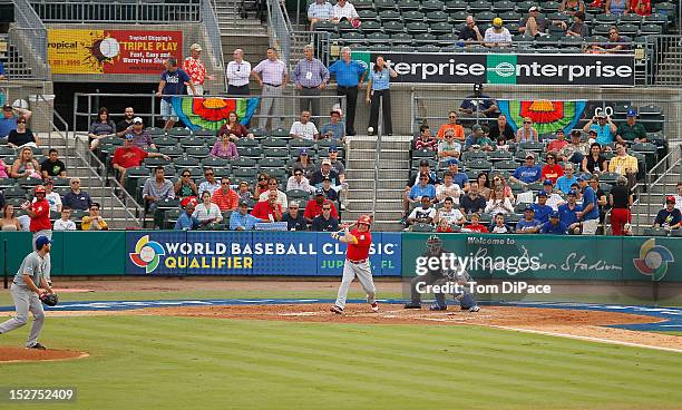 Rafael Alvarez of Team Spain bats against Team Israel during game 6 of the Qualifying Round of the World Baseball Classic at Roger Dean Stadium on...