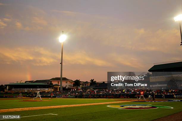 Rainbow is seen behind the stadium during game 6 of the Qualifying Round of the World Baseball Classic at Roger Dean Stadium between Team Israel and...