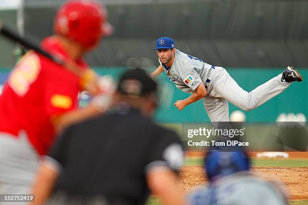 Eric Berger of Team Israel pitches against Team Spain during game 6 of the Qualifying Round of the World Baseball Classic at Roger Dean Stadium on...