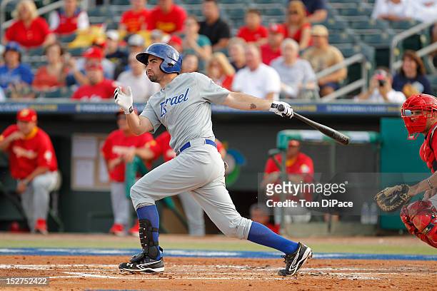 Josh Satin of Team Israel batsagainst Team Spain during game 6 of the Qualifying Round of the World Baseball Classic at Roger Dean Stadium on...