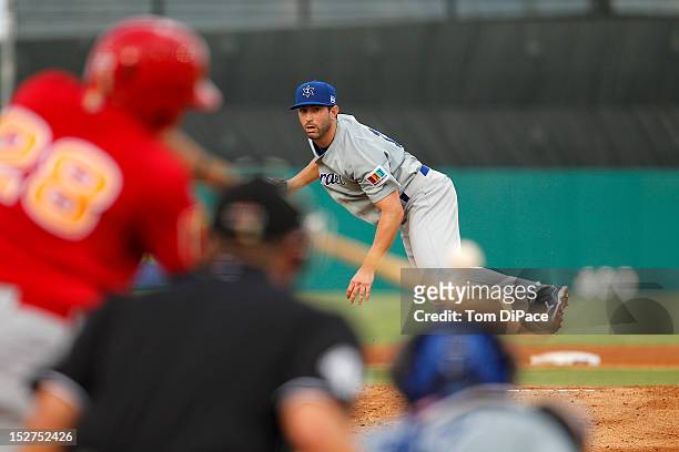 Eric Berger of Team Israel pitches against Team Spain during game 6 of the Qualifying Round of the World Baseball Classic at Roger Dean Stadium on...