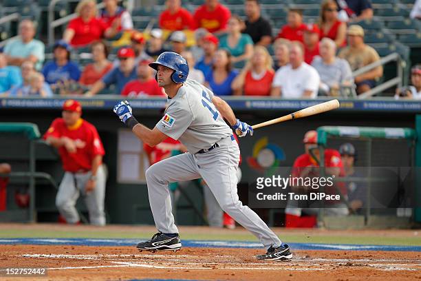 Shawn Green of Team Israel bats against Team Spain during game 6 of the Qualifying Round of the World Baseball Classic at Roger Dean Stadium on...