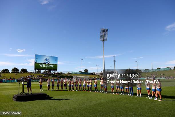 Sarina Wiegman, Manager of England, talks during a presentation following a training session at the Sunshine Coast Stadium on July 09, 2023 in...