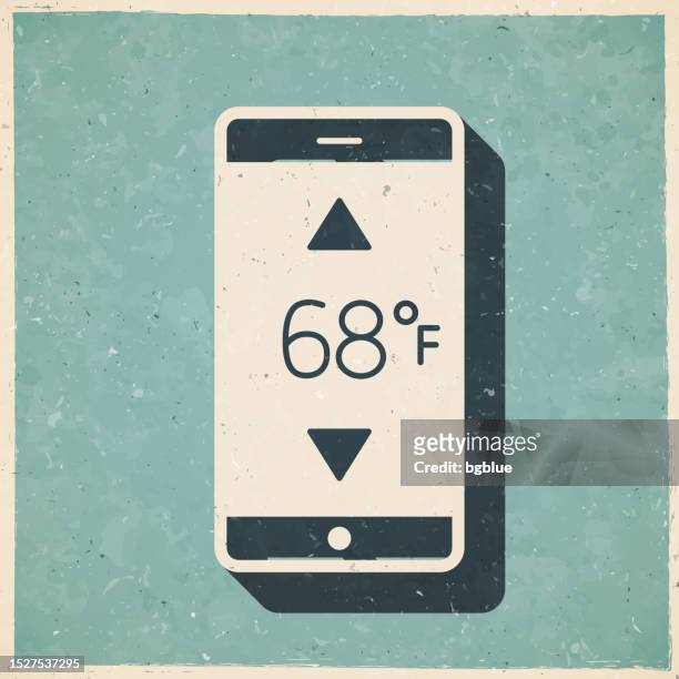 smartphone with heating control. icon in retro vintage style - old textured paper - fahrenheit stock illustrations
