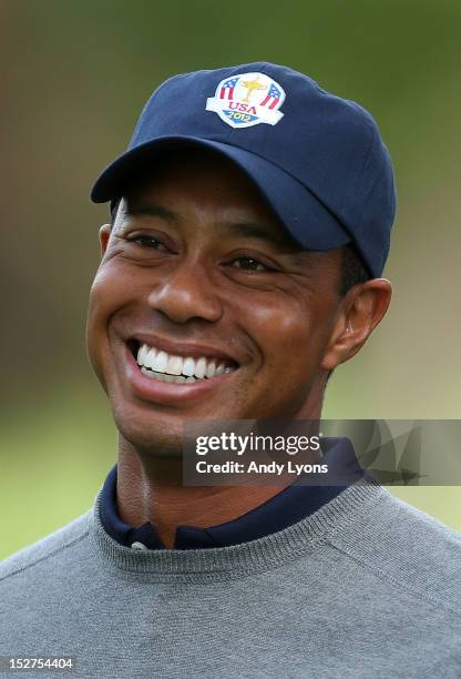 Tiger Woods of the USA is seen at the official photocall during the second preview day of The 39th Ryder Cup at Medinah Country Golf Club on...