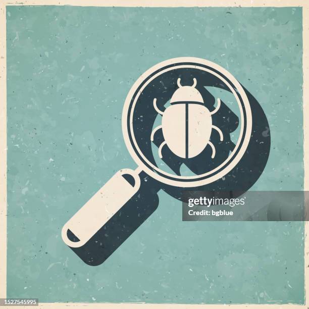 magnifying glass with bug. icon in retro vintage style - old textured paper - computer failure stock illustrations