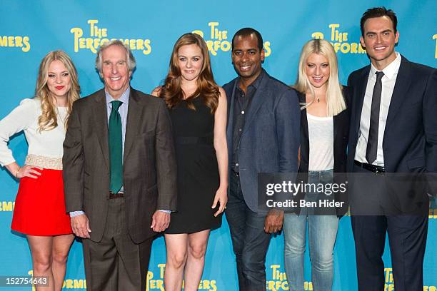 Actors Jenni Barber, Henry Winkler, Alicia Silverstone, Daniel Breaker, Ari Graynor and Cheyenne Jackson attend "The Performers" Broadway Cast Photo...