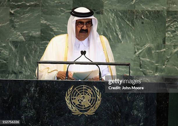 Sheikh Hamad bin Khalifa Al-Thani, Amir of the State of Qatar, addresses the UN General Assembly meeting on September 25, 2012 in New York City. The...
