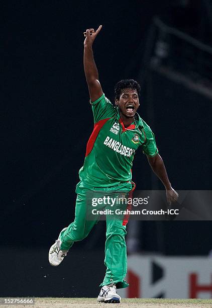 Abul Hasan of Bangladesh celebrates a wicket during the Group D match between Pakistan and Bangladesh at Pallekele Cricket Stadium on September 25,...