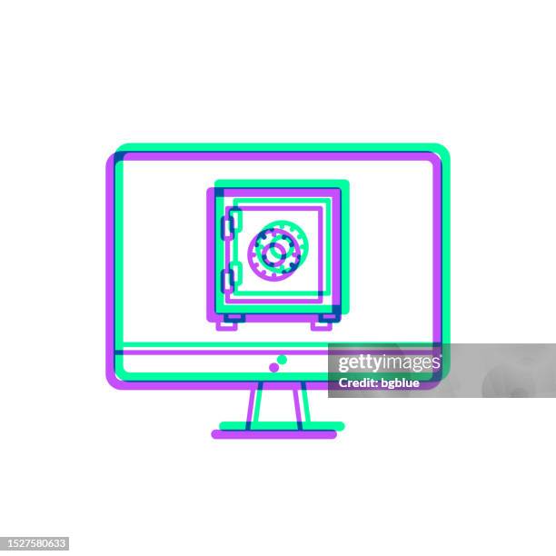 desktop computer with safe box. icon with two color overlay on white background - desktop computer screen close stock illustrations