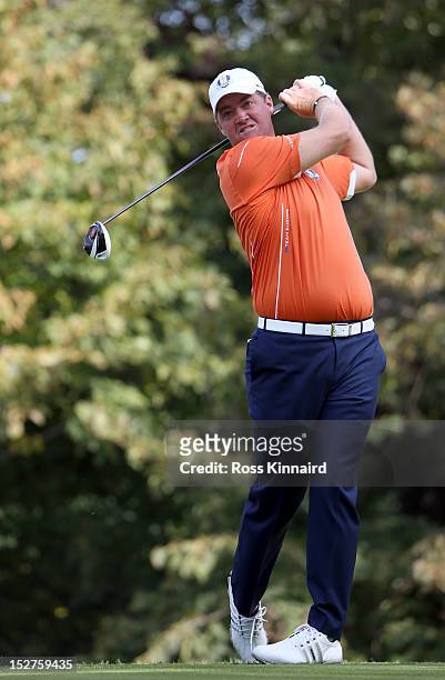 Peter Hansen of Europe in action during the second preview day of The 39th Ryder Cup at Medinah Country Golf Club on September 25, 2012 in Medinah,...