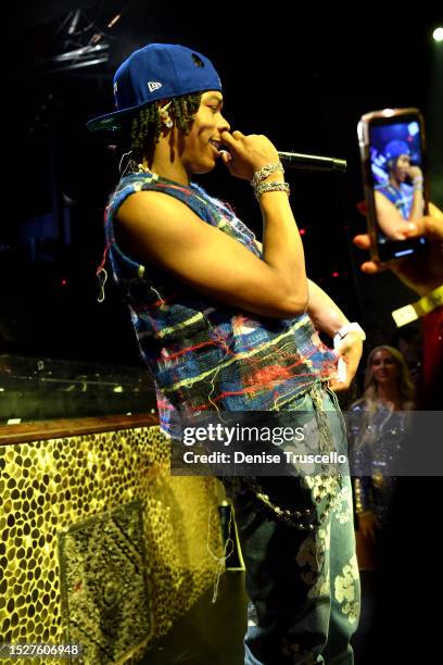 Lil Baby performs onstage during the Summer Players Party hosted by Michael Rubin, Fanatics, and the National Basketball Players Association on July...