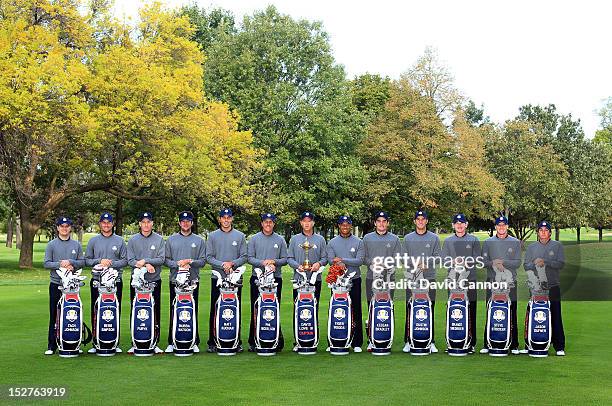 The USA team L-R: Zach Johnson, Webb Simpson, Jim Furyk, Bubba Watson, Matt Kuchar, Phil Mickelson, Davis Love II , Tiger Woods, Keegan Bradley,...