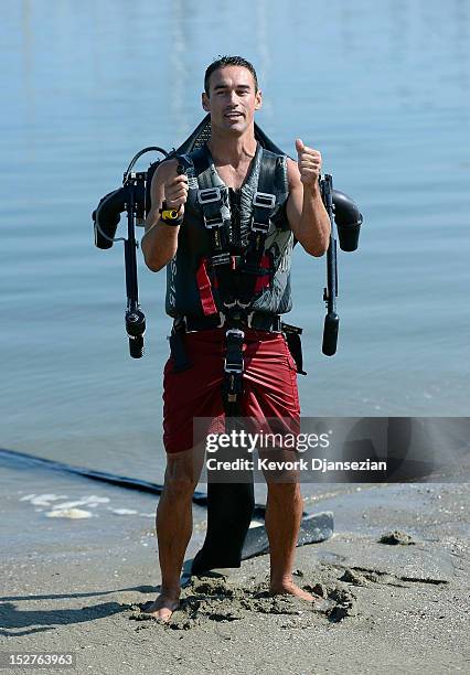 Dean O'Malley demonstrates using a JetLev, a water-powered jetpack flying machine in the Newport Beach harbor on September 25, 2012 in Newport Beach,...