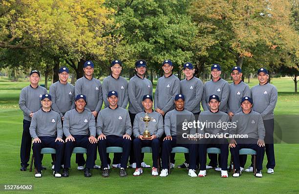 The USA team back row L-R: Jeff Sluman , Scott Verplank , Webb Simpson, Jim Furyk, Bubba Watson, Dustin Johnson, Brandt Snedeker, Steve Stricker,...