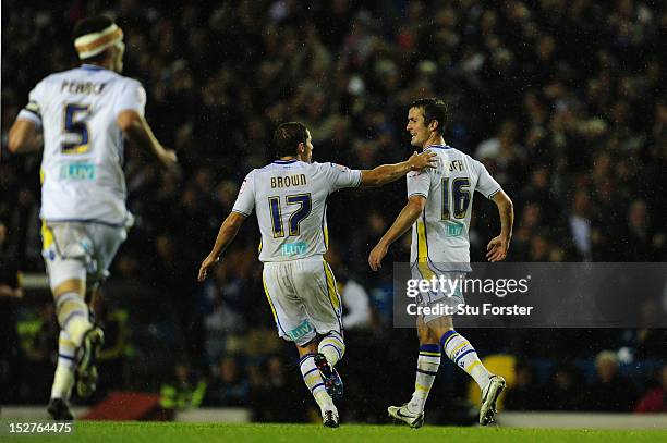 Leeds player Michael Brown celebrates with Danny Pugh after the second Leeds goal during the Capital One Cup Third Round match between Leeds United...