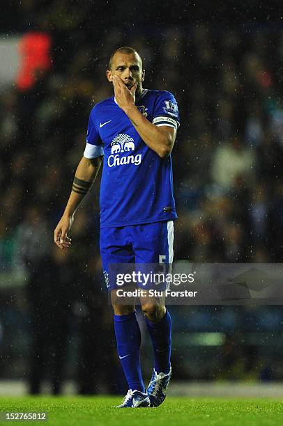 Everton player John Heitinga reacts during the Capital One Cup Third Round match between Leeds United and Everton at Elland Road on September 25,...