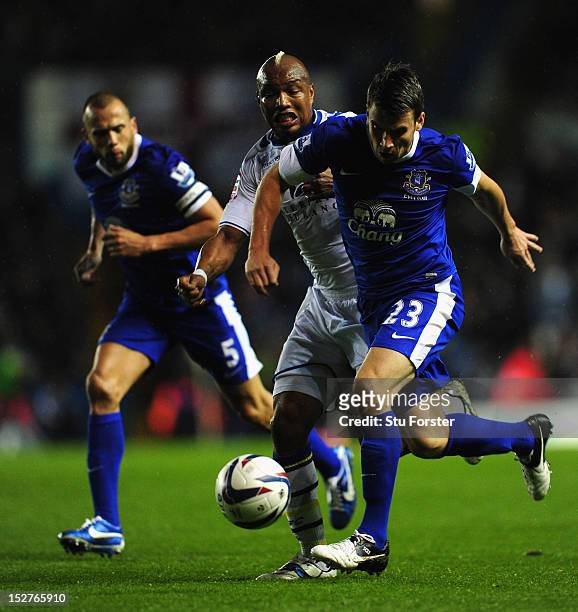 Leeds player El-Hadji Diouf challenges Everton player Seamus Coleman during the Capital One Cup Third Round match between Leeds United and Everton at...