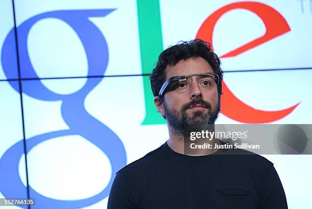 Google co-founder Sergey Brin looks on during a news conference at Google headquarters on September 25, 2012 in Mountain View, California. California...