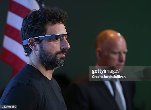 California Gov. Jerry Brown and Google co-founder Sergey Brin look on during a news conference at Google headquarters on September 25, 2012 in...