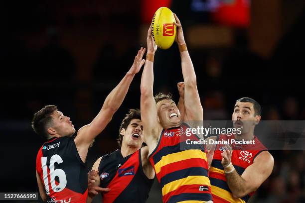 Jordan Dawson of the Crows marks the ball during the round 17 AFL match between Essendon Bombers and Adelaide Crows at Marvel Stadium, on July 09 in...