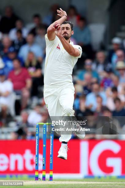 Mitchell Starc of Australia bowls during Day Four of the LV= Insurance Ashes 3rd Test Match between England and Australia at Headingley on July 09,...