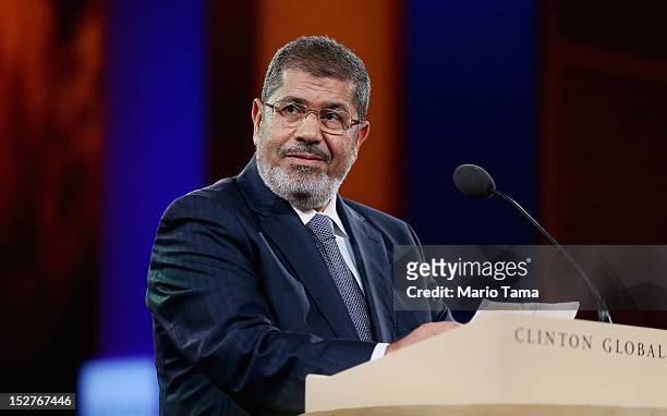 Egyptian President Mohamed Morsi speaks at the Clinton Global Initiative meeting on September 25, 2012 in New York City. Timed to coincide with the...