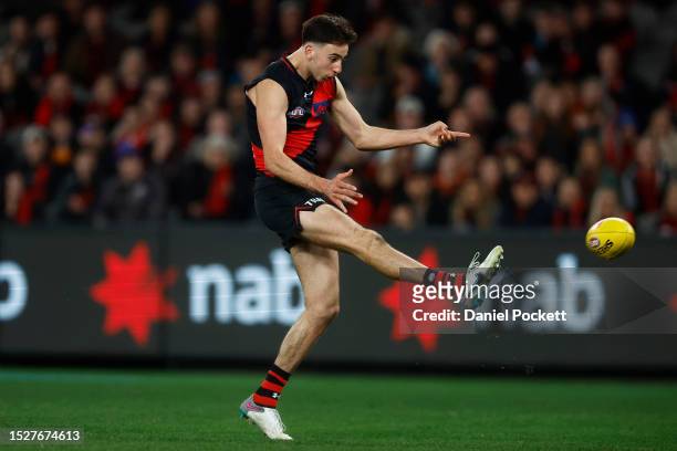 Nic Martin of the Bombers kicks a goal during the round 17 AFL match between Essendon Bombers and Adelaide Crows at Marvel Stadium, on July 09 in...
