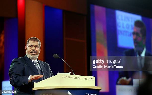 Egyptian President Mohamed Morsi speaks at the Clinton Global Initiative meeting on September 25, 2012 in New York City. Timed to coincide with the...