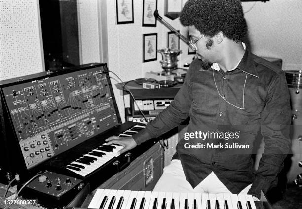 Jazz Keyboardist Herbie Hancock in his home studio, Los Angeles, CA 1975.