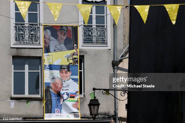 Mural of Raymond Poulidor of France ex- pro-cyclist and Mathieu Van Der Poel of The Netherlands and Team Alpecin-Deceuninck prior to the stage nine...