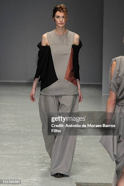 Model walks the runway during the Moon Young Hee Spring / Summer 2013 show as during Paris Fashion Week on September 25, 2012 in Paris, France.