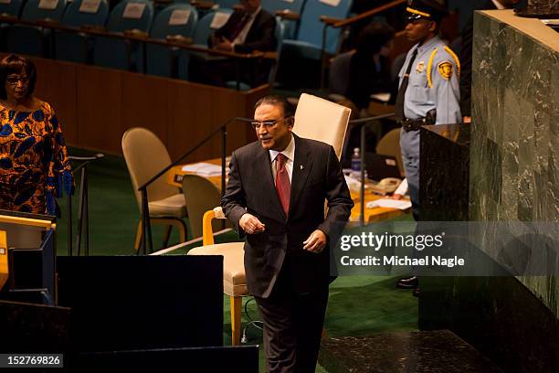 Asif Ali Zardari, President of the Islamic Republic of Pakistan, walks out to address the United Nations General Assembly on September 25, 2012 in...