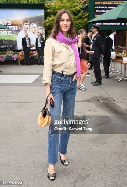 Alexa Chung attends day seven of the Wimbledon Tennis Championships at the All England Lawn Tennis and Croquet Club on July 09, 2023 in London,...