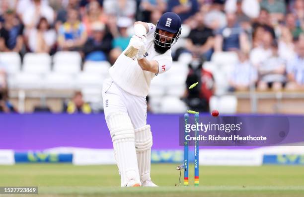 Moeen Ali of England is bowled by Mitchell Starc of Australia during Day Four of the LV= Insurance Ashes 3rd Test Match between England and Australia...