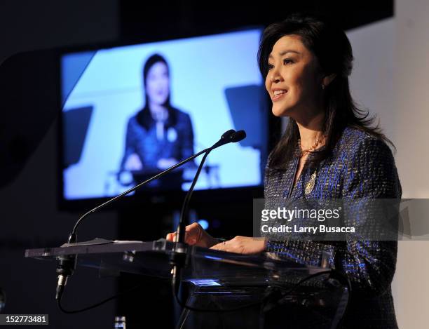 Prime Minister of Thailand Yingluck Shinawatra speaks onstage at the United Nations Every Woman Every Child Dinner 2012 on September 25, 2012 in New...