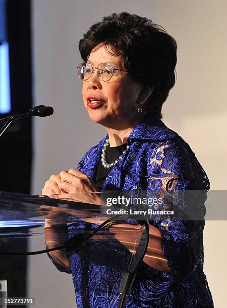 Director-General of the World Health Organization Dr. Margaret Chan speaks onstage at the United Nations Every Woman Every Child Dinner 2012 on...