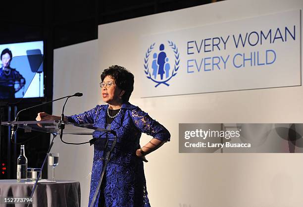 Director-General of the World Health Organization Dr. Margaret Chan speaks onstage at the United Nations Every Woman Every Child Dinner 2012 on...