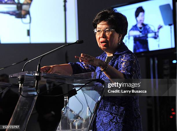 Director-General of the World Health Organization Dr. Margaret Chan speaks onstage at the United Nations Every Woman Every Child Dinner 2012 on...