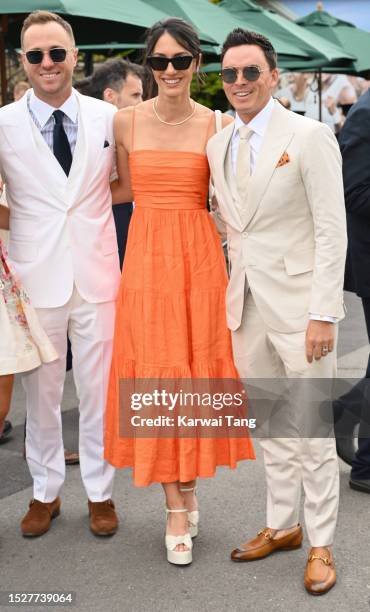 Justin Thomas, Allison Stokke and Rickie Fowler attend day seven of the Wimbledon Tennis Championships at the All England Lawn Tennis and Croquet...