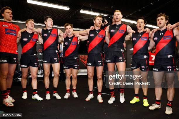 The Bombers sing the team song after winning the round 17 AFL match between Essendon Bombers and Adelaide Crows at Marvel Stadium, on July 09 in...