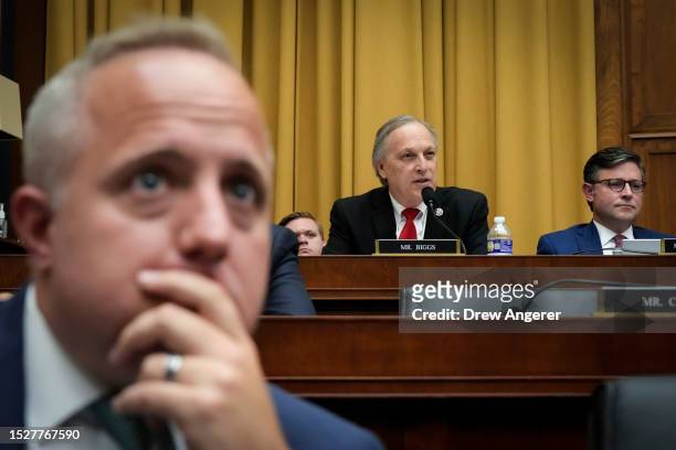 At center, Rep. Andy Biggs questions FBI Director Christopher Wray during a House Judiciary Committee hearing about oversight of the Federal Bureau...