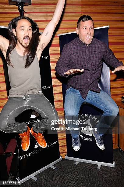 Producers Steve Aoki and Kaskade arrive at an "Up Close & Personal with Steve Aoki and Kaskade" Q&A session for GRAMMY U Los Angeles at Los Angeles...