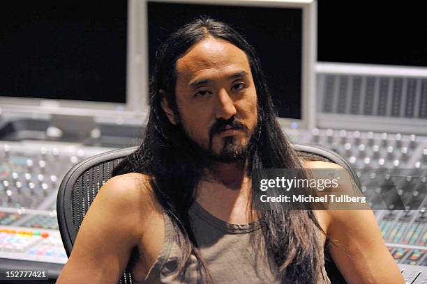 Producer Steve Aoki arrives at an "Up Close & Personal with Steve Aoki and Kaskade" Q&A session for GRAMMY U Los Angeles at Los Angeles Film School...