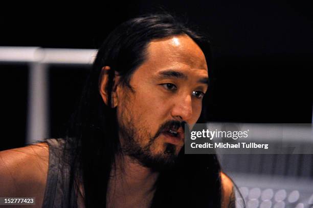 Producer Steve Aoki arrives at an "Up Close & Personal with Steve Aoki and Kaskade" Q&A session for GRAMMY U Los Angeles at Los Angeles Film School...