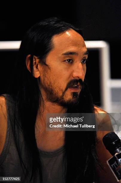 Producer Steve Aoki is interviewed at an "Up Close & Personal with Steve Aoki and Kaskade" Q&A session for GRAMMY U Los Angeles at Los Angeles Film...